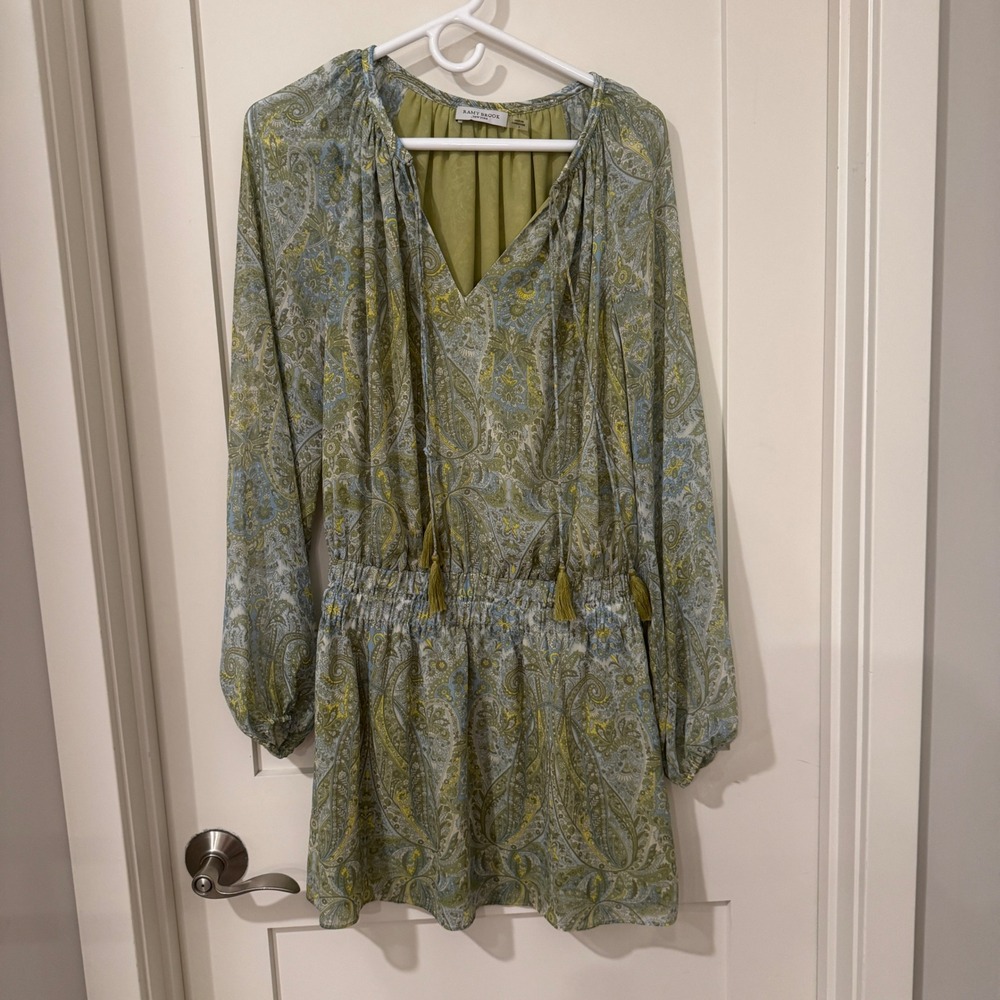 Ramy Brook Green Paisley Tassel V-Neck Smocked Mini Dress Small $465 new